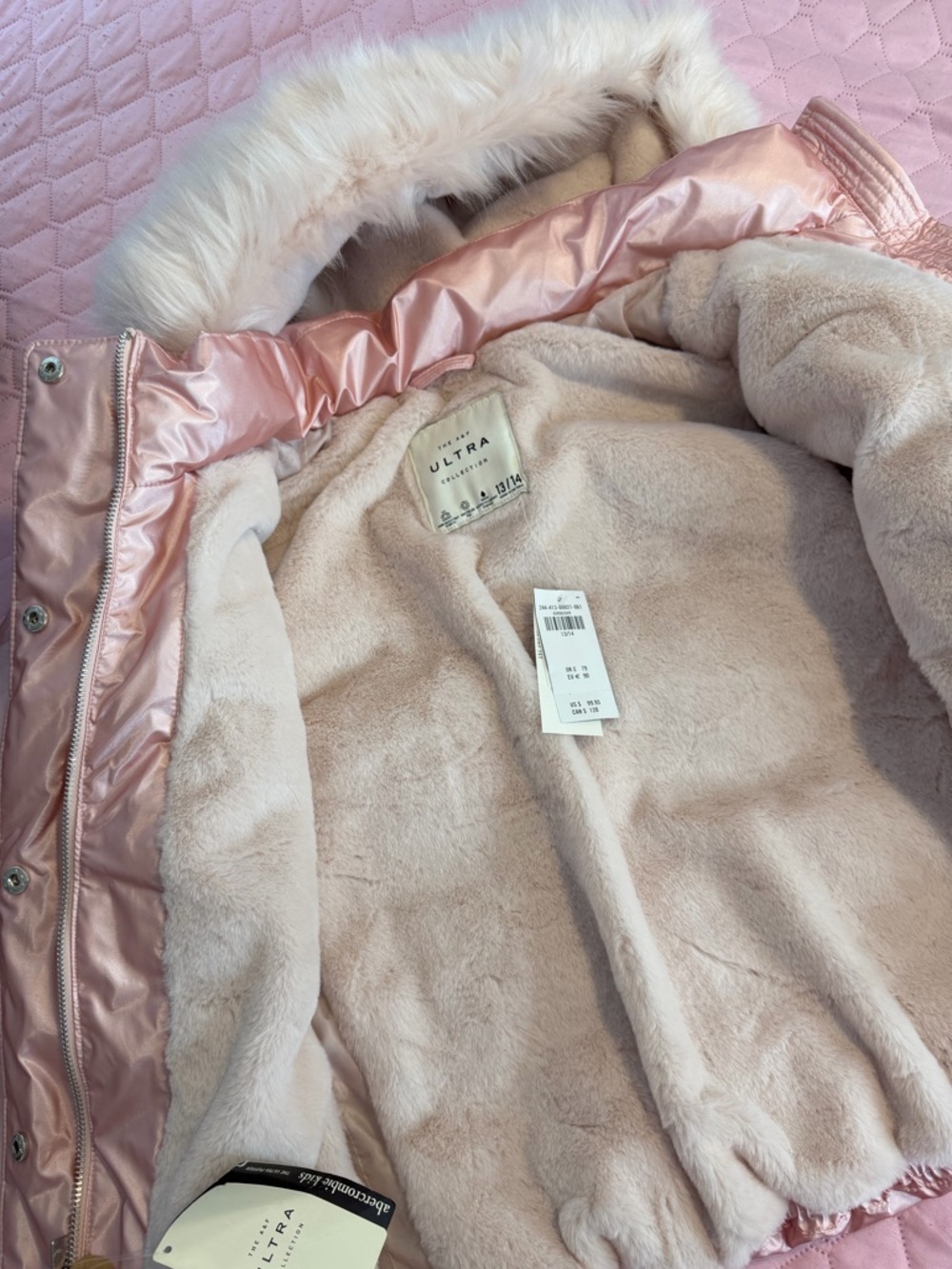 abercrombie kids Shiny Pale Pink Puffer Jacket with Faux Fur Hood - Picture 2 of 3